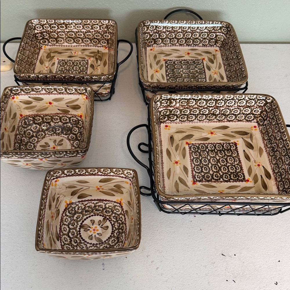 Temp- tations Decorative Ceramic Serving Bowls - Brown Floral Pattern